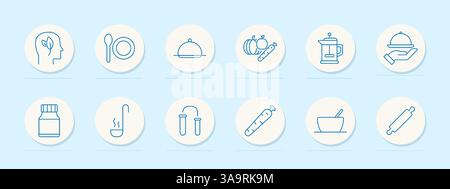 Icône ensemble nutrition. Profil, plaque, cloche, légume, moulin, main, supplément, soupe, ustensiles, saucisse, bol, rouleau à pâtisserie, repas sain, cuisine Illustration de Vecteur