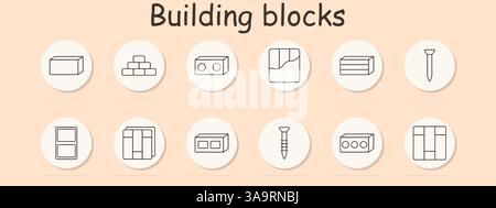 Icône de jeu de blocs de construction. Brique, mur, unité creuse, tuile d'angle, panneau, clou, double fente, bloc empilé, vis, trou rond, plaque de construction, assm Illustration de Vecteur
