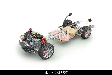 Rendu 3d de coupe technique de voiture hybride générique sous chariot avec tous les détails principaux du système de véhicule hybride. Perspective vue à vol d'oiseau sur blanc b Banque D'Images