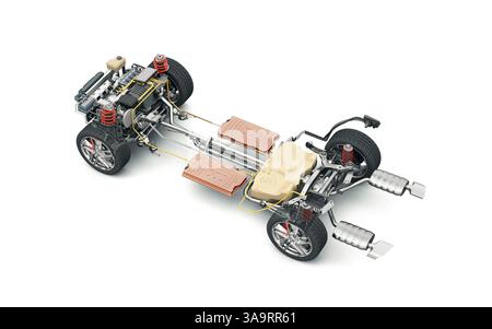 Rendu 3d de coupe technique de voiture hybride générique sous chariot avec tous les détails principaux du système de véhicule hybride. Perspective vue à vol d'oiseau sur blanc b Banque D'Images