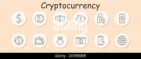 Icône de jeu de crypto-monnaie. Dollar, bitcoin, piggy, serrure, smartphone, graphique, ordinateur portable, paiement, flèche, site web, recherche mobile, réseau mondial, pour le numérique Illustration de Vecteur