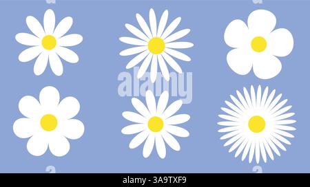 Ensemble de marguerites blanches de figures géométriques, collection de silhouettes abstraites de fleurs fleurs icônes isolées sur blanc simple ensemble camomille Illustration de Vecteur