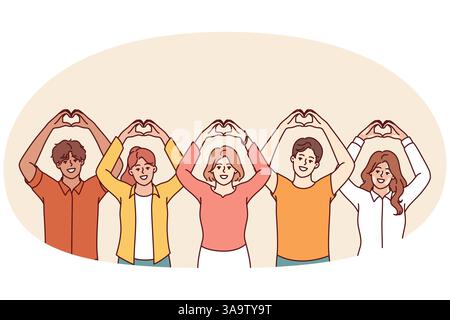 Des bénévoles gentils font la forme du cœur avec les doigts et lèvent les mains au-dessus de la tête. Des hommes et des femmes bénévoles appellent à faire des dons à une fondation caritative pour aider ceux qui en ont besoin Illustration de Vecteur