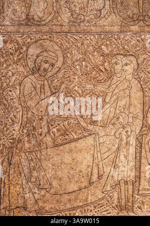 Autel du IX, XIIe siècle, tempera et restes de feuilles de métal colorées sur bois, église de San Martín d IX, haute Cerdagne, MNAC, Barcelone, Catalogne, Espagne. Banque D'Images