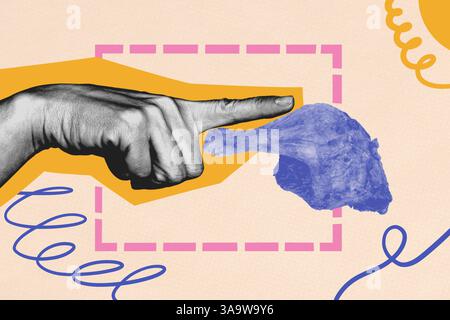 Image d'esquisse de modèle collage d'illustration composite de geste de symbole de main montrant le langage corporel doigt point choisissez poulet frit manger de la nourriture Banque D'Images