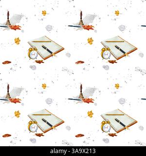 Une cloche d'école repose sur un cahier, à côté d'un stylo et de feuilles d'automne. Motif sans couture. Illustration aquarelle dans le style numérique. Bloc-notes et réveil Banque D'Images