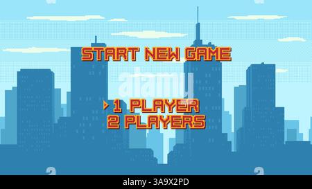 Écran Démarrer une nouvelle partie avec sélection de joueur sur fond de paysage urbain. Menu style arcade rétro. Silhouette de ville moderne contre ciel bleu. jeu 8 bits vect Illustration de Vecteur