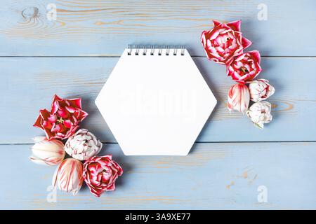 Cahier en papier ouvert avec page vide avec tulipes roses et blanches sur fond bleu en bois. Vue de dessus, pose plate, espace de travail sur fond violet. Banque D'Images