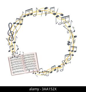 Notes de musique noir aquarelle sur portée jaune et couronne ouverte de carnet de musique avec espace de copie pour le texte. Symboles sonores sur le bâton graphique et le compositeur Banque D'Images