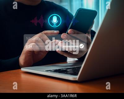 Conversation chatbot AI et automatisation de recherche vocale, concept de technologie de reconnaissance vocale. Technologie d'assistant conversationnel personnel avec digita Banque D'Images