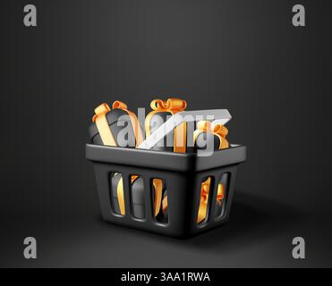 3D black shopping basket filled with gift boxes Illustration de Vecteur