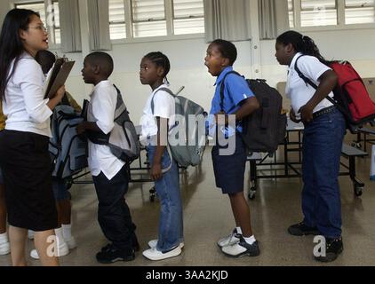 Geraldine Yap, professeur de couverture secondaire, aldine Yap, aligne les élèves après une réunion de groupe alors que Dejion Rutherford laisse sortir un gros bâillement (chemise bleue au centre) pendant une journée scolaire de 10 heures au premier jour de l'école d'été à l'ouverture de la première école à charte KIPP de Sacramento à Oak Park, le lundi 4 août 2003. Le programme intensif est destiné à obtenir les enfants académiquement prêts pour l'université, essentiellement une école de préparation universitaire gratuite. Sacramento Bee / Lezlie Sterling / ZUMA Press Banque D'Images