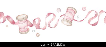 Ruban rose et bobines, bordure sans couture. Ruban de torsion satiné, boutons et composition de perles. Élément graphique dans le style aquarelle pour un design charmant. Banque D'Images