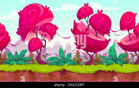 Fond de paysage de jeu sans couture avec forêt tropicale de conte de fées, vecteur de bande dessinée. Paysage de jeu de fantaisie magique de conte de fées avec des champignons rouges ou des fleurs roses géantes bizarres dans la jungle fantastique Illustration de Vecteur