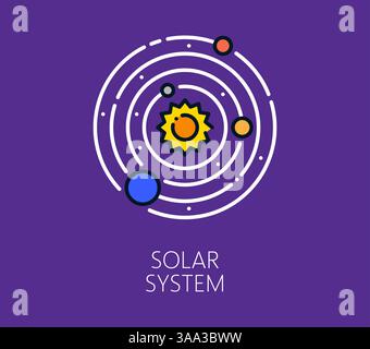 Icône de ligne de couleur des planètes du système solaire spatial. Icône linéaire de recherche spatiale ou de découverte, icône vectorielle de linéart de l'espace extérieur de galaxie. Symbole d'exploration cosmos ou signe d'astronomie avec schéma du système solaire Illustration de Vecteur
