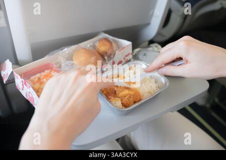Gros plan d'un passager dégustant un délicieux déjeuner à base de viande et de riz dans un avion, les mains tenant une fourchette et un couteau lors d'un repas en vol. Banque D'Images
