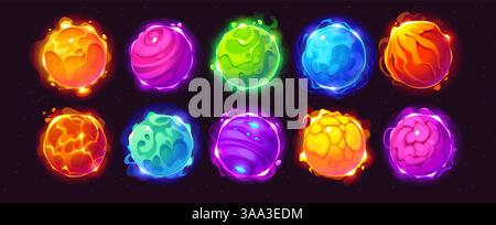 Cartoon Glowing planètes spatiales extraterrestres pour les actifs de jeu de galaxie, planètes fantastiques vectorielles. Mondes spatiaux extraterrestres ou planètes incandescentes avec des cratères de lave ou de glace et de feu dans le ciel étoilé pour jeu de galaxie cosmique Illustration de Vecteur