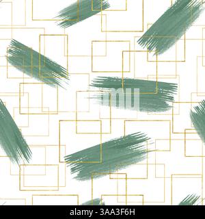 Modèle élégant sans couture avec des coups de pinceau d'aquarelle vert poussiéreux et des cadres entrelacés dorés délicats sur fond beige. Abstrait peint à la main Banque D'Images