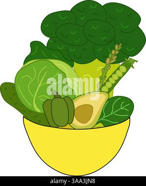 Légumes verts brocoli, concombre, avocat dans un bol Vector Flat composition. Idéal pour menu, paquet, cosmétique, textile, cartes manger vert Illustration de Vecteur