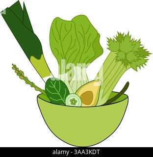 Bol de salade de légumes verts sur fond blanc. Illustration plate vectorielle, art pour la conception de nourriture, recette, livre de cuisine, paquets, menu, annonces alimentaires et d Illustration de Vecteur