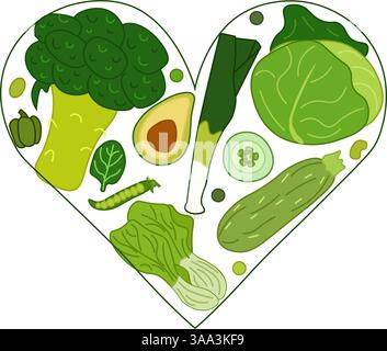 Coeur de légumes composition vectorielle plate. Fond d'illustration de vecteur de nourriture saine. Idéal pour menu, paquet, cosmétique, textile, cartes manger vert Illustration de Vecteur