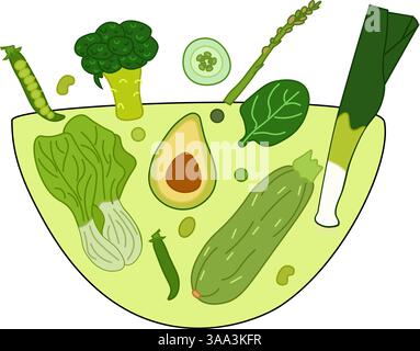 Salade verte de légumes verts frais brocoli, avocat, bok choi dans un saladier. vecteur plat isolé sur un fond blanc. Pour logo, web, paquet, Illustration de Vecteur