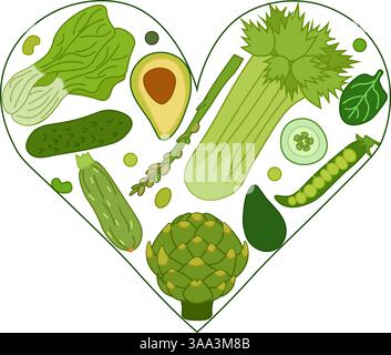Composition de légumes verts en forme de coeur. Vector plat avocat, épinards, courgettes, asperges, bok choy, céleri, concombre, artichaut, pois, gousses de pois, b Illustration de Vecteur