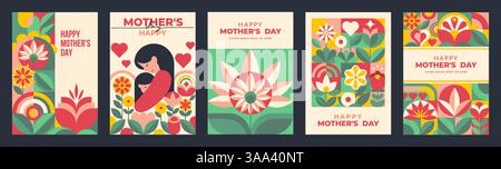 Fête des mères. Motif de fleur de maman heureuse, carte d'enfant géométrique ou affiche de bébé, amour et cadeau de famille mignon. Éléments botaniques d'été minimaux, plat de dessin animé Illustration de Vecteur