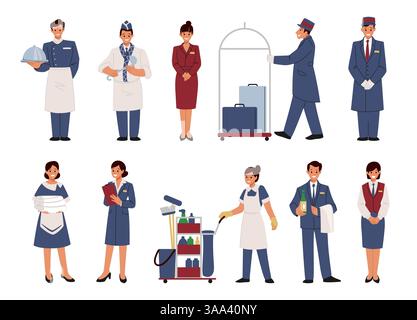 Personnel de l'hôtel. Service d'accueil, directeur de restaurant et personnages d'employés de travail, profession de traiteur. Femme de chambre professionnelle, réceptionniste et sécurité. Illustration de Vecteur