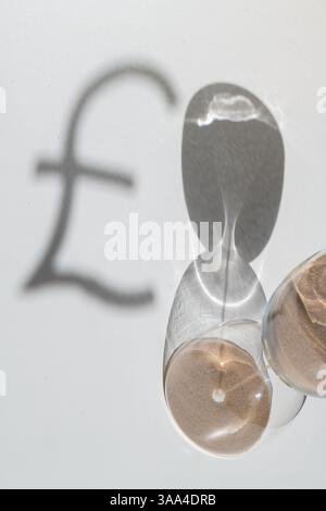 Sablier projetant une ombre avec la forme du symbole de la livre sterling, métaphore puissante du temps, de l'argent et de l'urgence ou de la valeur financière au fil du temps Banque D'Images
