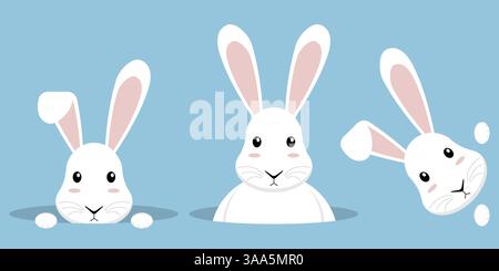 Trois lapins de bande dessinée extrêmement adorables jettent un œil ludique dans un style charmant et charmant Illustration de Vecteur