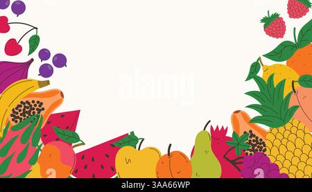 Cadre de récolte d'été lumineux avec des fruits et des baies. Carte juteuse d'été ou affiche avec pastèque et ananas, banane et cerise. Illustration de Vecteur