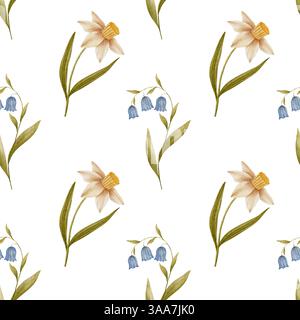 Motif sans couture dessiné à la main avec illustration de fleurs de printemps à l'aquarelle, bluebell et jonquille dans un style vintage. Couleurs pastel discrètes. Utiliser pour l'impression Banque D'Images