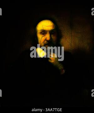 Une figure est capturée dans l'ombre profonde, avec une expression contemplative et une main soigneusement placée près de leur menton. La lueur chaude de la lumière met en évidence leurs traits sur un fond plus sombre, créant un air de mystère et de réflexion., Art classique avec une touche moderne réinventé par Artotop, basé sur Portrait d'homme, 1650/60, attribué à Nicolaes Maes, néerlandais, 1634-1693, Hollande, huile sur panneau, 30,5 x 26,5 cm (12 x 10 1/2 po) Banque D'Images