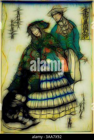 Un couple se tient ensemble, habillé dans une tenue traditionnelle, avec des motifs complexes et des couleurs vibrantes accentuant leurs vêtements. La femme porte un châle à jolis motifs et un chapeau à larges bords, tandis que l'homme porte une veste et un chapeau. Un chat est assis à leurs pieds, ajoutant une touche de charme domestique à la scène. La composition globale a une qualité artistique et stylisée, mettant l'accent sur le patrimoine culturel., Art classique avec une touche moderne réinventé par Artotop, basé sur une femme américaine jouant un accordéon (Amerika nyokan akodeon WO hiku no zu), de la série étrangers tirés de la vie (Ikiutsushi i Banque D'Images