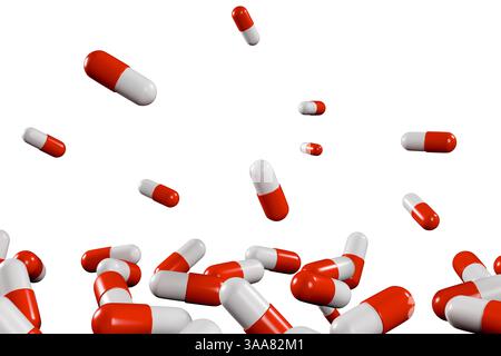 Capsules dispersées sur un fond blanc, mettant en valeur divers angles et positions. rendu 3d. Banque D'Images