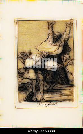 Une composition abstraite avec des figures dynamiques entrelacées et contorsionnées dans des poses expressives, sur un fond texturé qui met l'accent sur le mouvement et l'émotion., Art classique avec une touche moderne réinventée par Artotop, basé sur It is Time, planche 80 de Los Caprichos, 1797/99, Francisco José de Goya y Lucientes, Espagnol, 1746-1828, Espagne, gravure, aquatinte brunie, point sec et burin sur papier ivoire, 195 x 135 mm (image), 215 x 151 mm (plaque), 304 x 201 mm (feuille) Banque D'Images