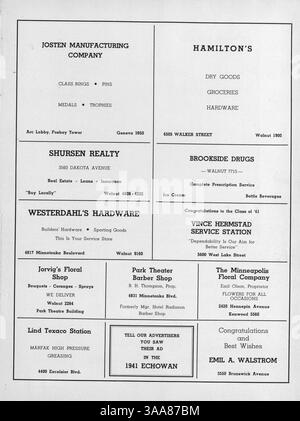 Cette édition 1941 de l’annuaire Echowan de l’école secondaire Louis Park documente les étudiants, les professeurs, les clubs, l’athlétisme et les événements majeurs de l’année scolaire 1940-1941. Banque D'Images