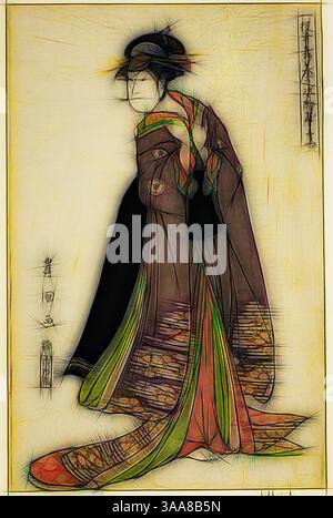 Une silhouette gracieuse dans un kimono aux motifs complexes, orné de couleurs vives et de détails délicats. La posture suggère élégance et tradition, tandis que les lignes fluides améliorent l'expression artistique globale. Les éléments traditionnels se marient harmonieusement avec une interprétation artistique contemporaine., Art classique avec une touche moderne réinventé par Artotop, basé sur Yamatoya : Iwai Hanshiro IV comme Katanaya Ohana, de la série Portraits of Actors on Stage (Yakusha butai no sugata-e), 1794, Utagawa Toyokuni 初代 歌川 豊国, japonais, 1769–1825, Japon, impression couleur sur bois, oban, 37,4 x 24,4 cm Banque D'Images