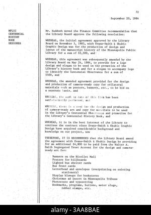 1984 minutes officielles du conseil d'administration de la Bibliothèque publique de Minneapolis, traitant de la gestion de la bibliothèque et des améliorations de service. Banque D'Images