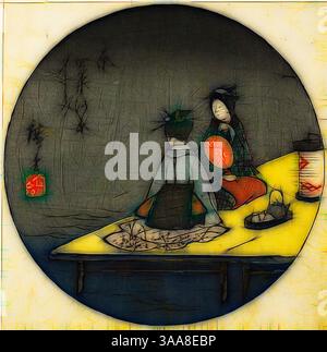 Deux personnages sont assis ensemble à une table, entourés d'une atmosphère sereine. L'un tient un orbe lumineux, tandis que l'autre regarde tranquillement. La toile de fond est texturée avec des détails subtils, ajoutant de la profondeur à leur moment intime., Art classique avec une touche moderne réinventé par Artotop, basé sur la fraîcheur de la soirée sur le lit de la rivière à Shijo à Kyoto (Kyo Shijogawara yusuzumi), section de feuille no . 14 de la série découpes pour les cinquante-trois stations (Gojusan tsugi harimaze), 1852, Utagawa Hiroshige 歌川 広重, japonais, 1797-1858, Japon, impression couleur sur bois, section de feuille harimaze, 18,6 x 18,6 cm Banque D'Images