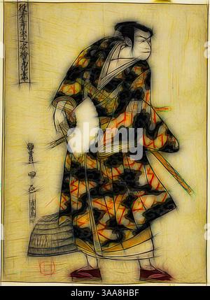 Un personnage habillé d'un kimono vibrant et à motifs tient un éventail, placé dans une position dynamique. L'arrière-plan présente une calligraphie délicate, évoquant un récit artistique. Les couleurs et les lignes se mélangent, créant un sentiment de mouvement et de richesse culturelle., Art classique avec une touche moderne réinventé par Artotop, basé sur Tachibanaya : Ichikawa Yaozo III comme Fuwa Banzaemon, de la série Portraits of Actors on Stage (Yakusha butai no sugata-e), 1794, Utagawa Toyokuni i 初代 歌川 豊国, japonais, 1769–1825, Japon, impression couleur sur bois, oban, 35,1 × 26 cm (13 13/16 × 10 1/4 po) Banque D'Images