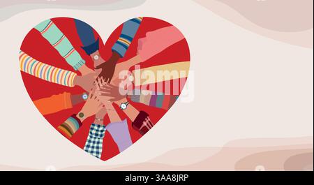 Forme de coeur avec les mains à l'intérieur dans le cercle de personnes multiculturelles en signe de soutien ou d'aide bénévole. Espace de copie de la bannière Illustration de Vecteur
