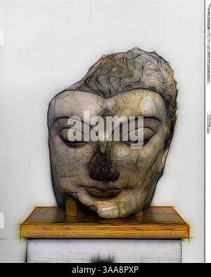 Une sculpture stylisée en pierre d'un visage serein, avec les yeux fermés et une surface texturée, repose élégamment sur une base en bois. L'œuvre dégage un sentiment de calme et d'introspection, mettant en évidence une esthétique minimaliste., Art classique avec une touche moderne réinventé par Artotop, basé sur la tête de Bouddha, IVe-Ve siècle, Afghanistan, ancienne région du Gandhara, Gandhara, stuc avec pigment rouge et noir, 44,8 × 34,9 × 34,9 cm (17 5/8 × 13 3/4 × 13 3/4 po.) Banque D'Images