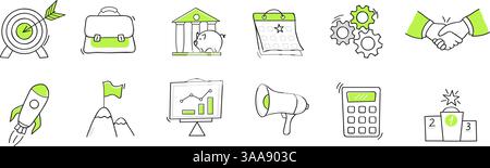 ensemble dessiné à la main d'icônes d'affaires et d'argent liées. Présentant des éléments tels que des symboles financiers, des images de start-up et des croquis marketing, Illustration de Vecteur