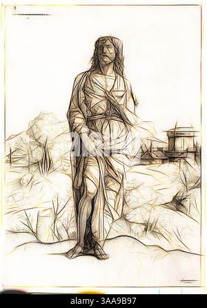 Une figure stylisée se dresse gracieusement au milieu d'un paysage, drapée de vêtements fluides. Les contours et les lignes créent une représentation abstraite, mettant en évidence l'expression et la posture sereines de la forme. Les éléments environnants suggèrent un cadre extérieur tranquille, renforçant le sentiment général de paix et de contemplation., Art classique avec une touche moderne réinventé par Artotop, basé sur Saint Jean Baptiste, c. 1505, Giulio Campagnola, italien, c. 1482-1515/18, Italie, gravure en noir sur papier ivoire, 342 x 238 mm (plaque), 356 x 247 mm (feuille) Banque D'Images