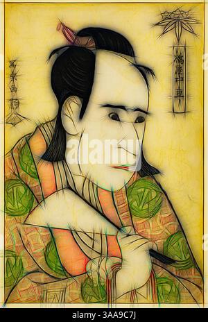 Un portrait stylisé d'une figure traditionnelle, avec des motifs complexes et des couleurs éclatantes dans leur tenue. Le personnage tient un instrument d'écriture et regarde soigneusement, dégageant un air de contemplation et d'art. Des éléments floraux délicats ajoutent de la profondeur à l'arrière-plan, complétant les traits expressifs du personnage., Art classique avec une touche moderne réinventée par Artotop, basé sur Tachibanaya Chusha (l'acteur Ichikawa Yaozo III dans le rôle de Hachiman Taro Minamoto no Yoshiie), 1794, Toshusai Sharaku 東洲斎 写楽, japonais, actif 1794-95, éditeur : Tsuta-ya Juzaburo, japonais, 1748-1797, Japon, couleur Banque D'Images