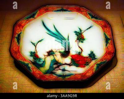 Une assiette octogonale joliment décorée avec des motifs floraux complexes et un oiseau vibrant dans une pose gracieuse, entourée de bordures ornementales détaillées., Art classique avec une touche moderne réinventée par Artotop, basé sur le plat octogonal Arita-ware Kakiemon, 19e–début 20e siècle, Japon, porcelaine avec décoration émail, 4,9 x 22,2 cm Banque D'Images