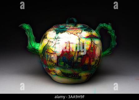 Une théière au design complexe avec des paysages fantaisistes et des motifs détaillés, avec une surface unique et texturée de façon éclatante et un bec et une poignée élégamment façonnés., Art classique avec une touche moderne réinventée par Artotop, basé sur Punch pot, 1755/65, Angleterre, Staffordshire, Staffordshire, Staffordshire, grès émaillé au sel, émaux polychromes, 20,3 x 31,8 cm (8 x 12 1/2 po) Banque D'Images