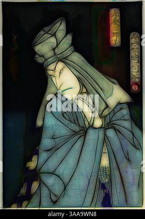 Un personnage en tenue traditionnelle regarde vers le bas, orné de vêtements complexes et d'un casque distinctif. L'arrière-plan évoque un mélange artistique d'éléments culturels, mettant en valeur l'atmosphère mystérieuse et contemplative., Art classique avec une touche moderne réinventé par Artotop, basé sur l'acteur Onoe Kikugoro comme le fantôme de Koyo Hoshi, 19ème siècle, Toyohara Kunichika, japonais, 1835-1900, Japon, impression sur bois couleur, feuille droite de triptyque oban Banque D'Images